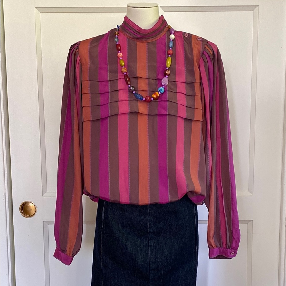 Vintage Simon Chang Pleated Striped Blouse